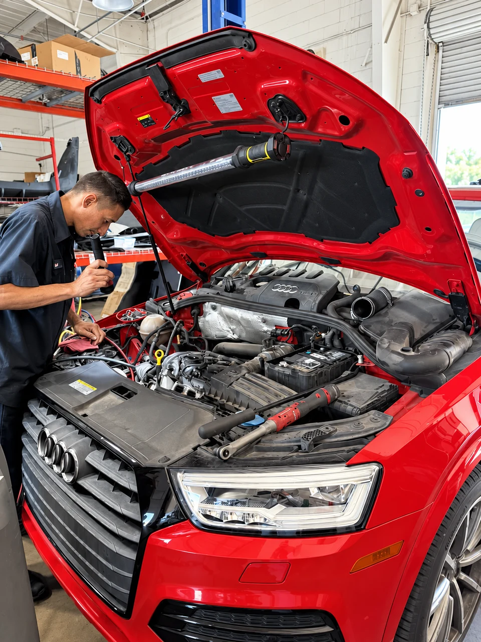 Universal Motorcars technician inspecting the engine bay of a red Audi